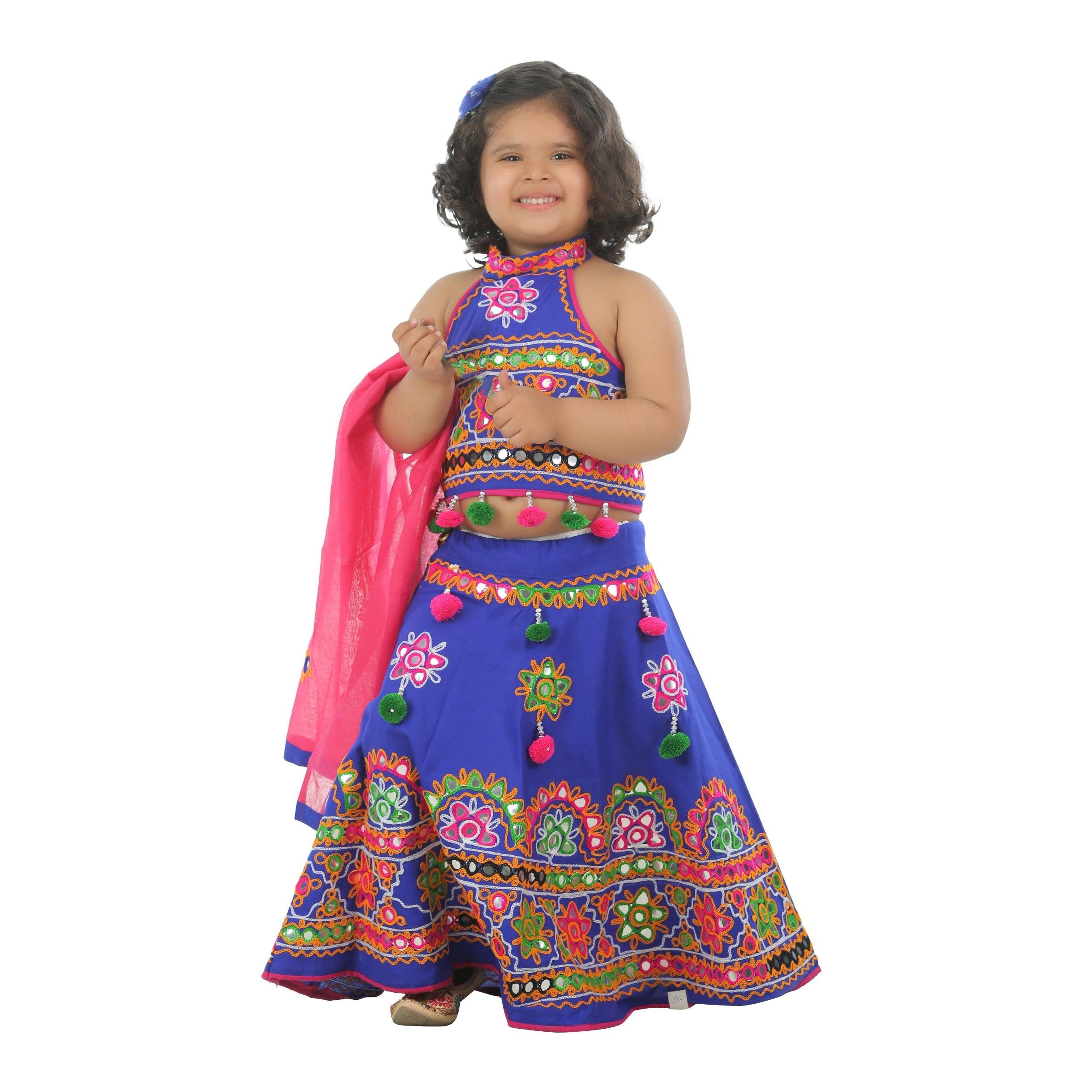 Ahhaaaa Kids Ethnic Cotton Blend Radha Dress Lehenga Choli Chania Choli Set For Baby Girls Blue