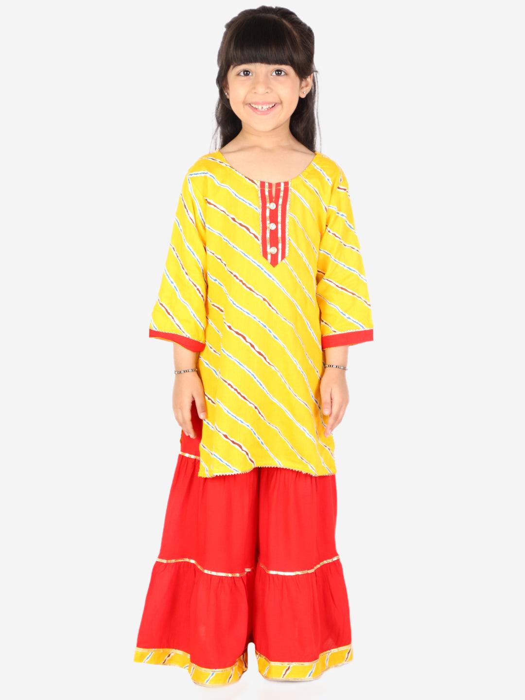 Ahhaaaa Kids Ethnic Cotton Jaipuri Printed Kurti with Sharara Set for Baby Girls Yellow