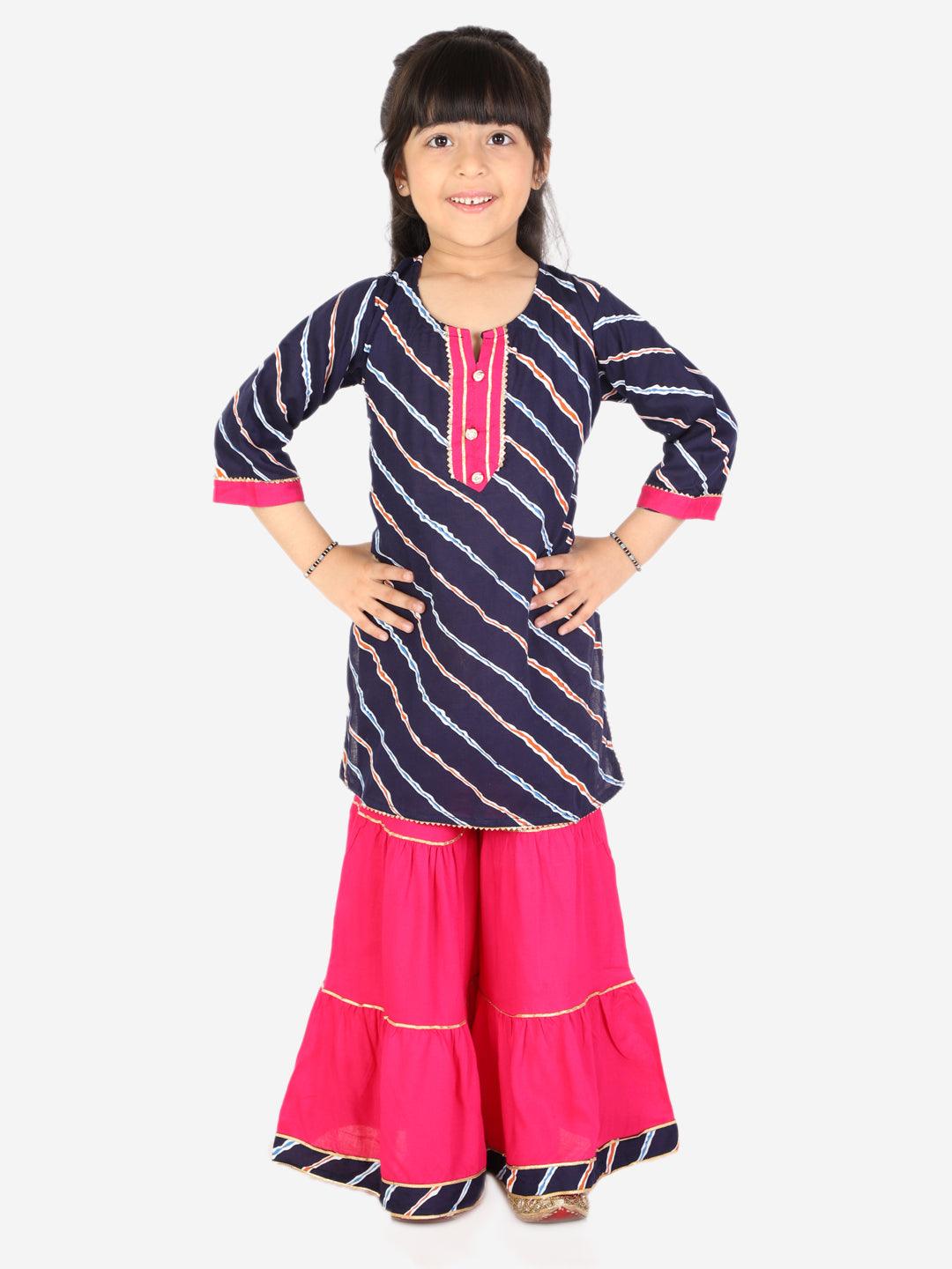 Ahhaaaa Kids Ethnic Cotton Jaipuri Printed Kurti with Sharara Set for Baby Girls Navy