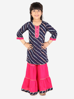 Ahhaaaa Kids Ethnic Cotton Jaipuri Printed Kurti with Sharara Set for Baby Girls Navy