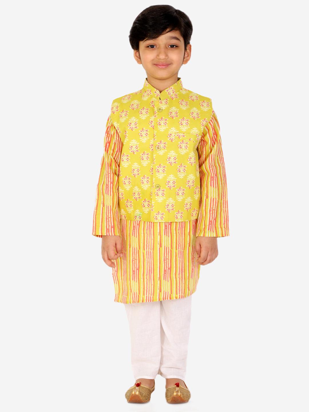 Ahhaaaa Kids Ethnic Cotton Kurta Pyjama with Waistcoat Set for Boys Yellow