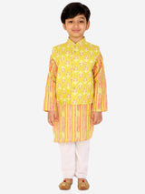 Ahhaaaa Kids Ethnic Cotton Kurta Pyjama with Waistcoat Set for Boys Yellow