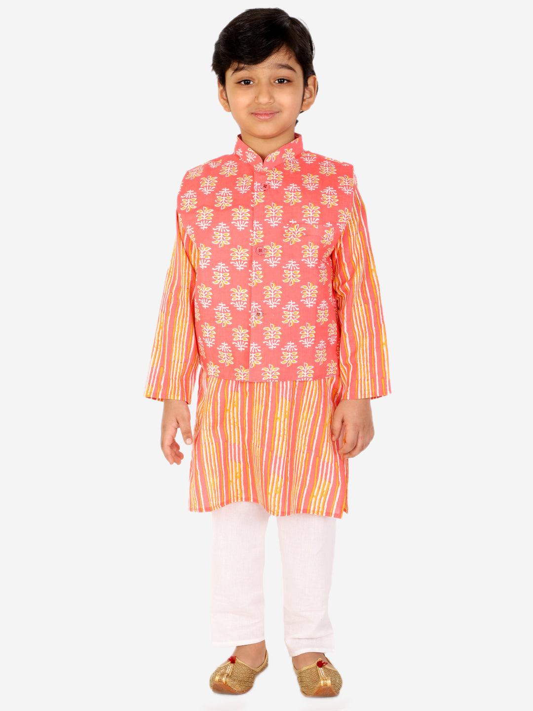 Ahhaaaa Kids Ethnic Cotton Kurta Pyjama with Waistcoat Set for Boys