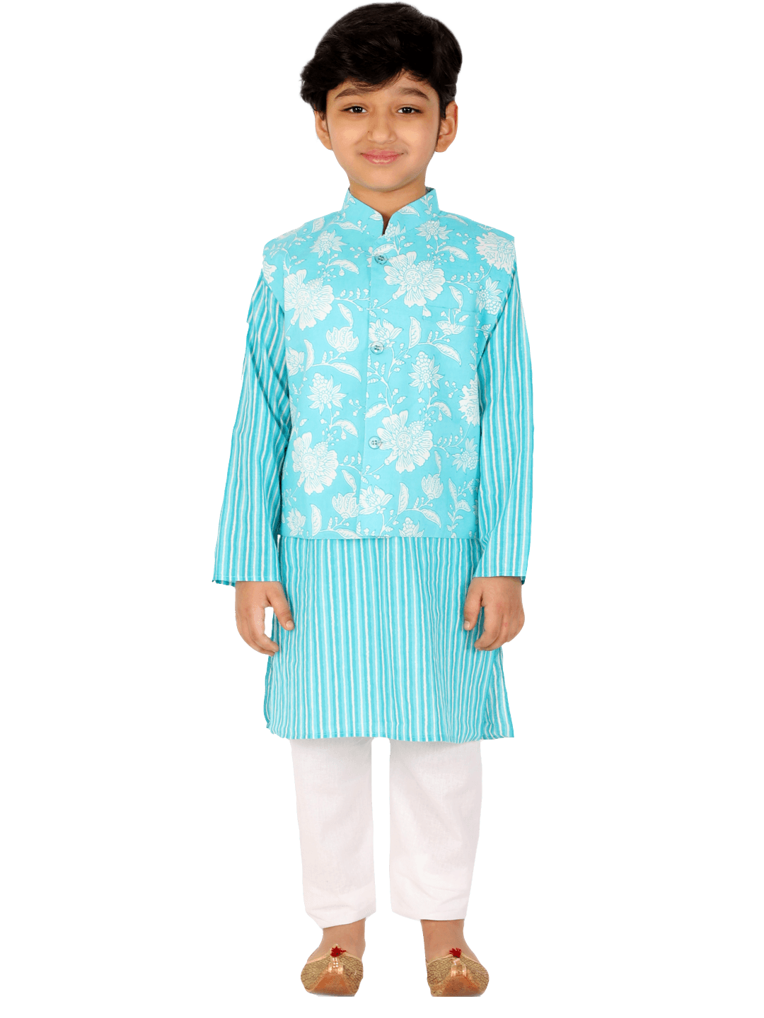 Ahhaaaa Kids Ethnic Cotton Kurta Pyjama with Waistcoat Set for Boys Sky Blue
