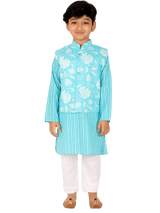 Ahhaaaa Kids Ethnic Cotton Kurta Pyjama with Waistcoat Set for Boys Sky Blue