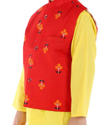 Ahhaaaa Kids Ethnic Cotton Printed Waistcoat with Kurta Pajama Set For Boys Yellow
