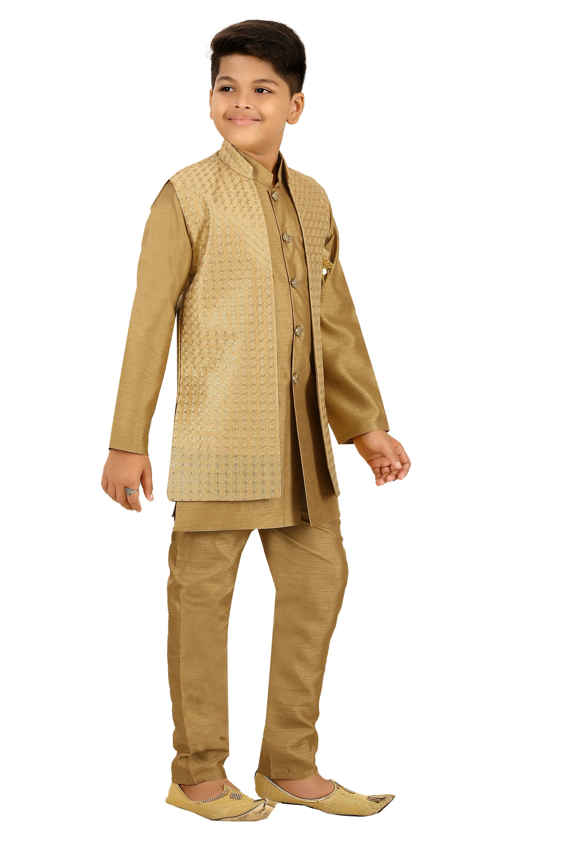 Ahhaaaa Kids Ethnic Silk Blend Indo-Western Sherwani and Kurta Pyjama Set for Boys