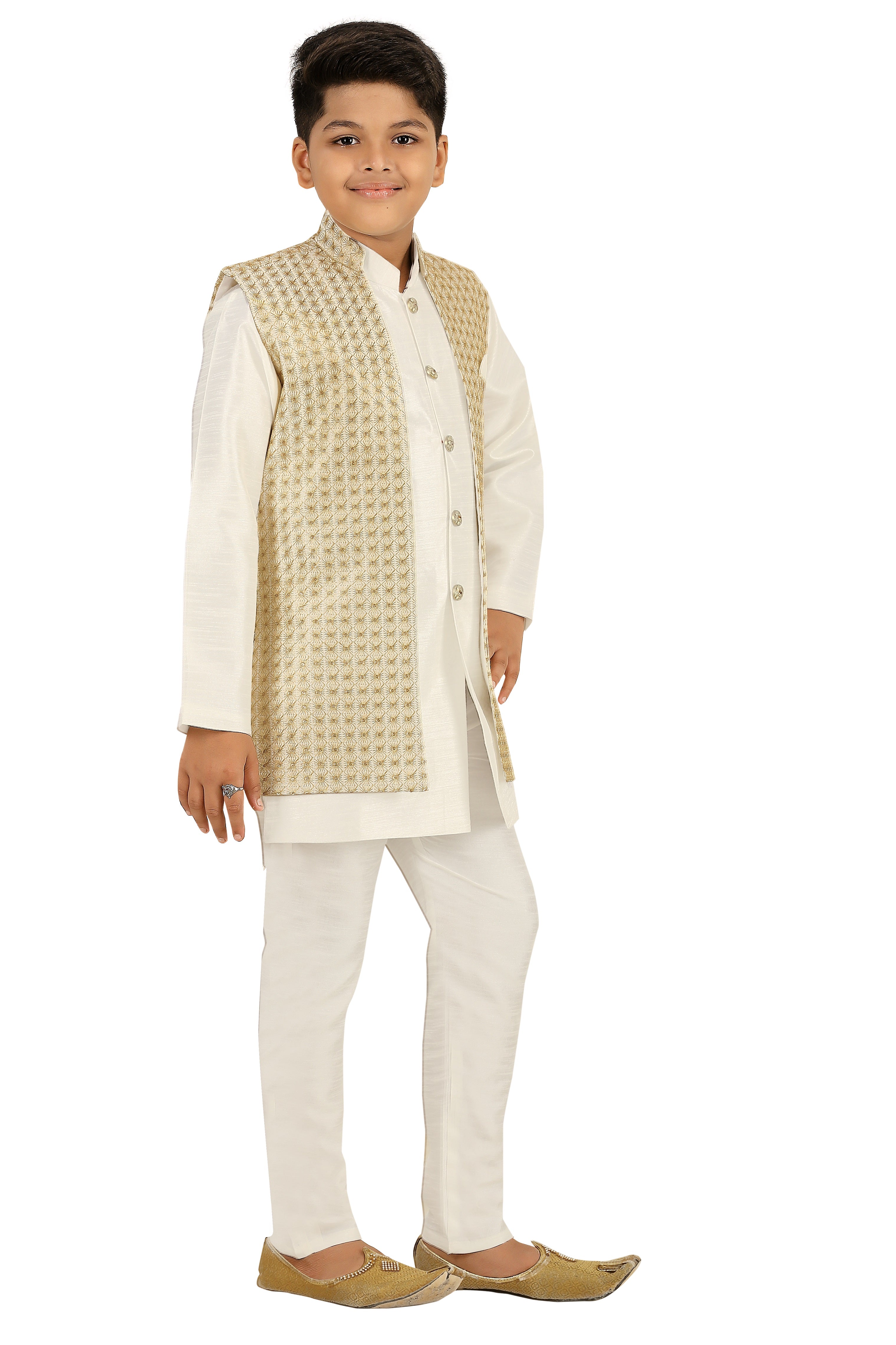 Ahhaaaa Kids Ethnic Silk Blend Indo-Western Sherwani and Kurta Pyjama Set for Boys