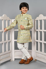 Ahhaaaa Kids Ethnic Silk Blend Indo-Western Sherwani Set For Boys 491 Green