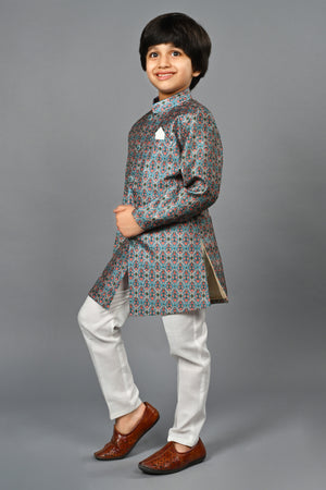 Ahhaaaa Kids Ethnic Silk Blend Indo-Western Sherwani Set For Boys
