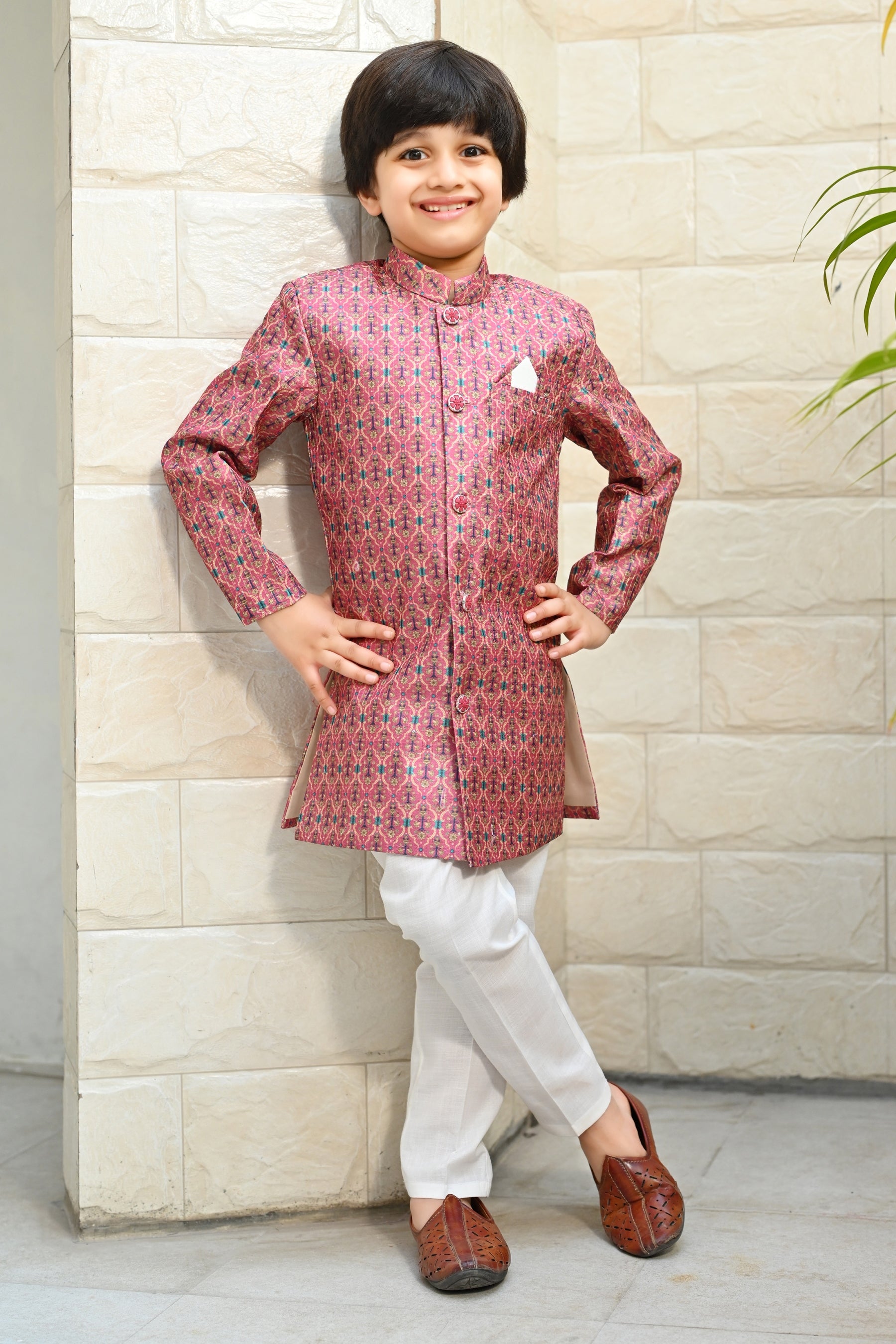 Ahhaaaa Kids Ethnic Silk Blend Indo-Western Sherwani Set For Boys Pink