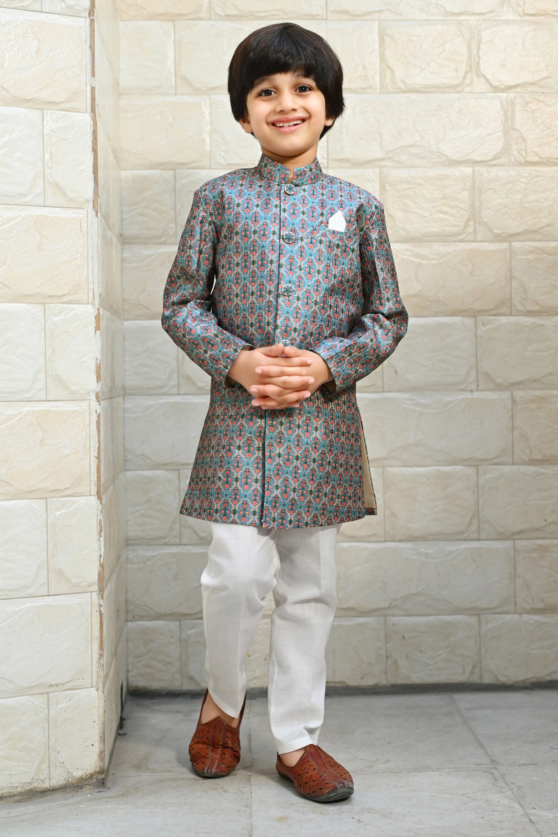 Ahhaaaa Kids Ethnic Silk Blend Indo-Western Sherwani Set For Boys Green