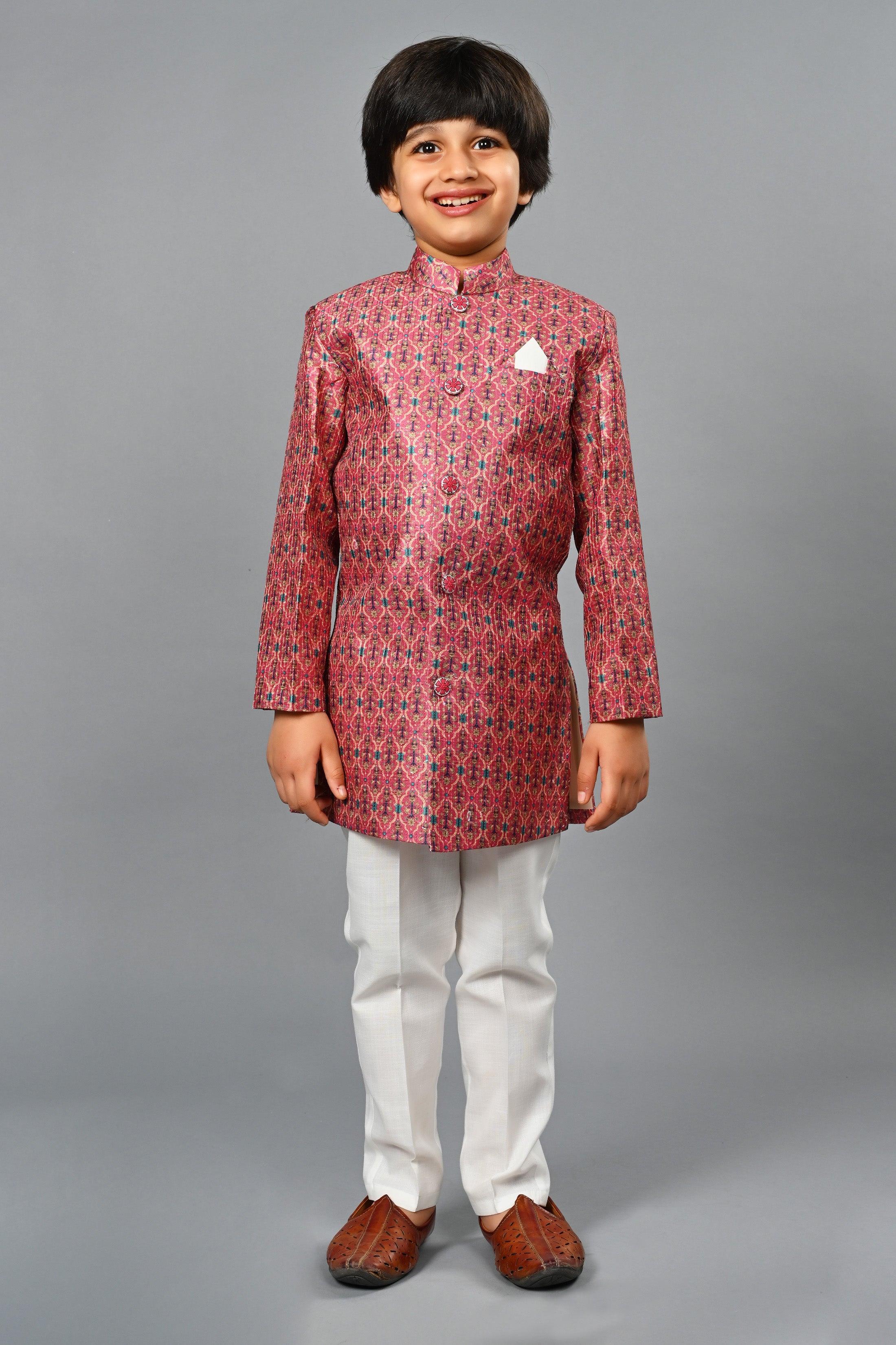 Ahhaaaa Kids Ethnic Silk Blend Indo-Western Sherwani Set For Boys
