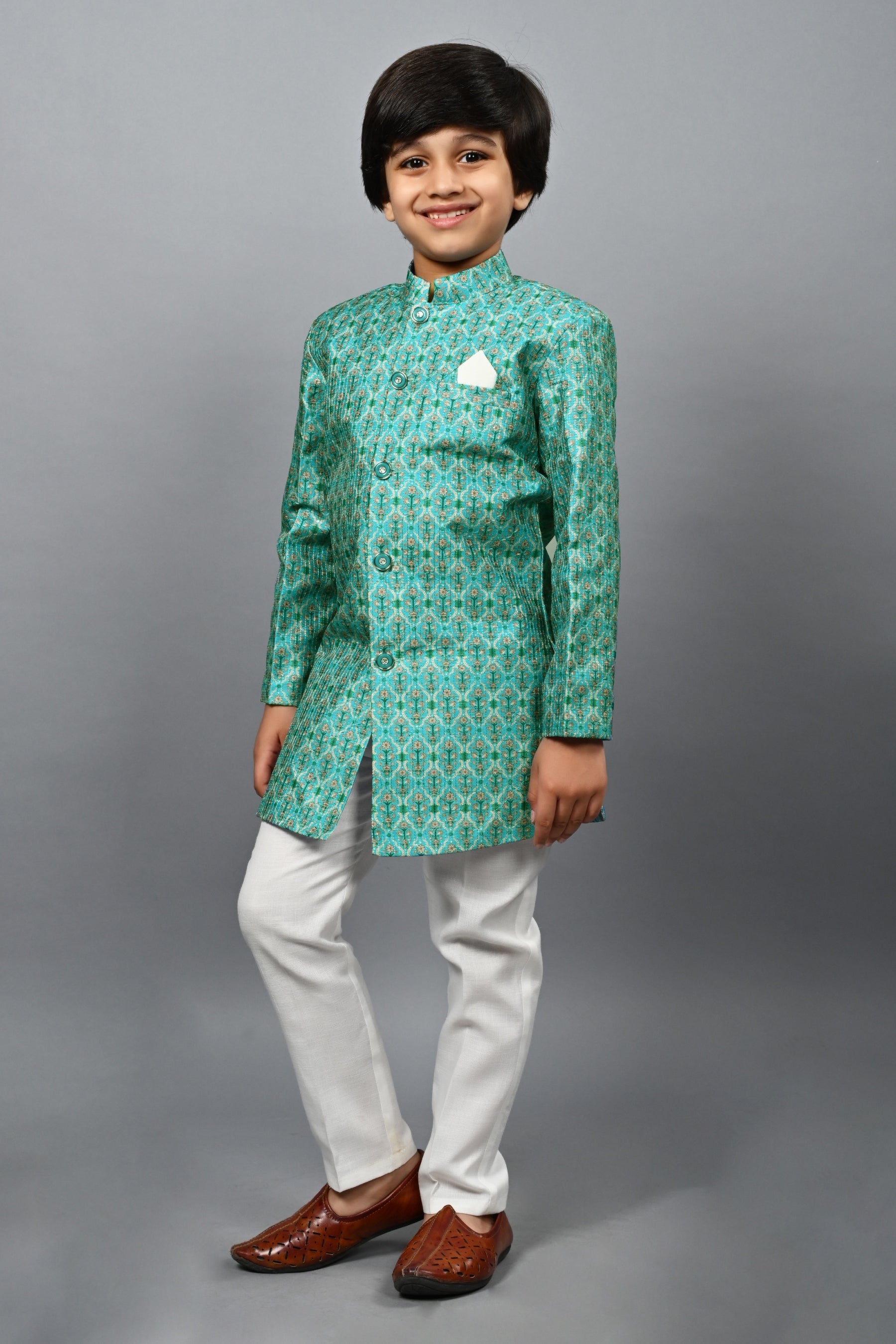 Ahhaaaa Kids Ethnic Silk Blend Indo-Western Sherwani Set For Boys