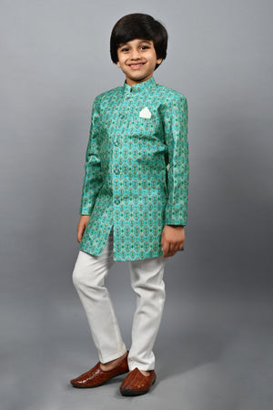 Ahhaaaa Kids Ethnic Silk Blend Indo-Western Sherwani Set For Boys
