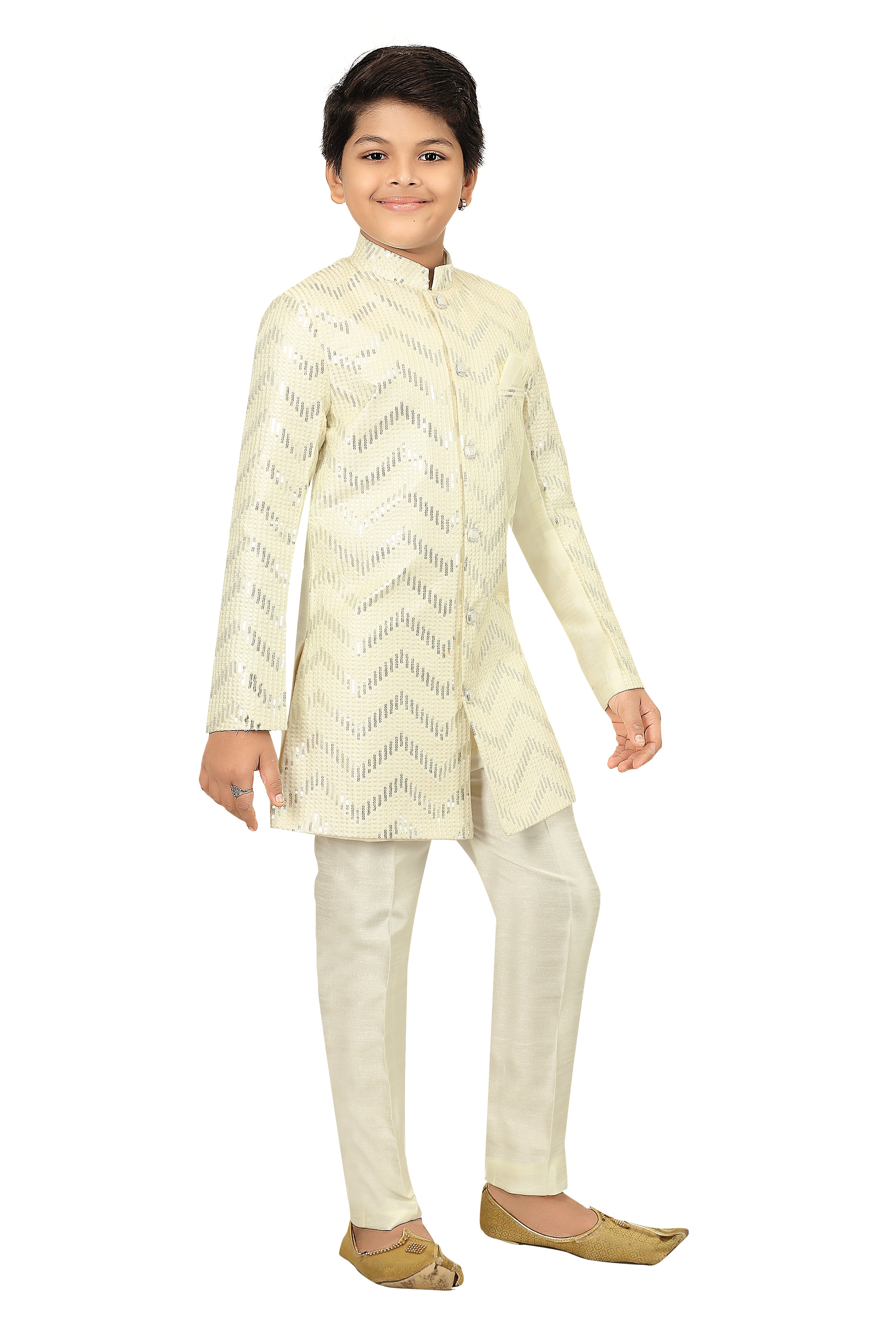 Ahhaaaa Kids Ethnic Silk Blend Zari Work Indo-Western Sherwani Set for Boys