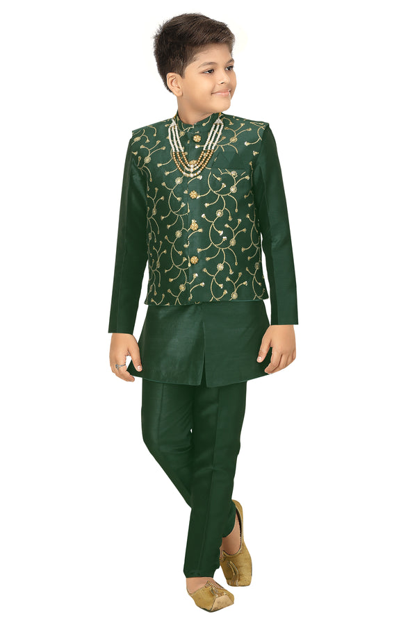 Ahhaaaa Kids Ethnic Waistcoat Kurta and Pajama Set For Boys (Sherwani) Green