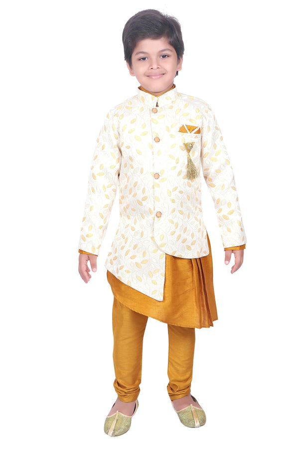 Ahhaaaa Kids Ethnic Wear Kurta Pyjama Waistcoat Set - Floral Embroidered Plated Design + Brooch Pin - Indian Traditional Festival For Boys Mustard