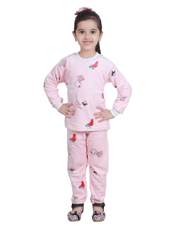 ahhaaaa Kids Velvet Winter Wear Sweatshirt and Payjama Sets Baby Pink