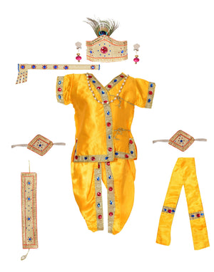 Ahhaaaa Satin Yellow Platinum Krishna Dress Kurta Dhoti with Accessories for Boys